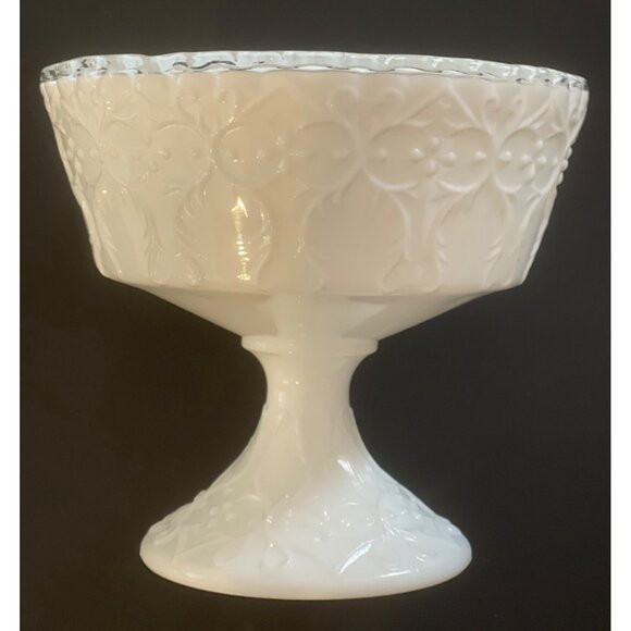 Fenton Milk Glass Compote Spanish Lace Silver Crest Pedestal Vintage 6" x 6.5" - Picture 1 of 12